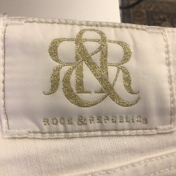 ROCK & REPUBLIC White Kiss Boot Cut Crop Raw Edge Hem Gold Buttons Jeans 28 - Picture 10 of 11